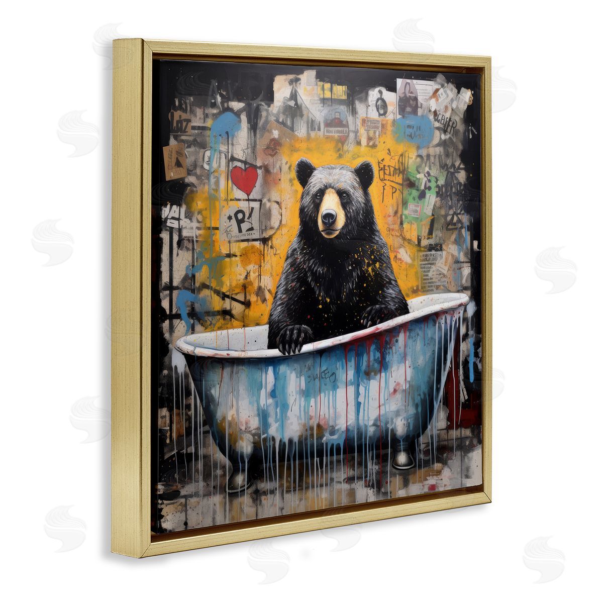 Graffiti Bathing Bear Gold Floating Frame Canvas Wall Art, Home Decor by Lazar Studio