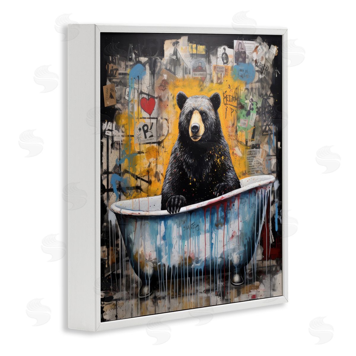 Graffiti Bathing Bear White Frame Print Wall Art, Home Decor by Lazar Studio
