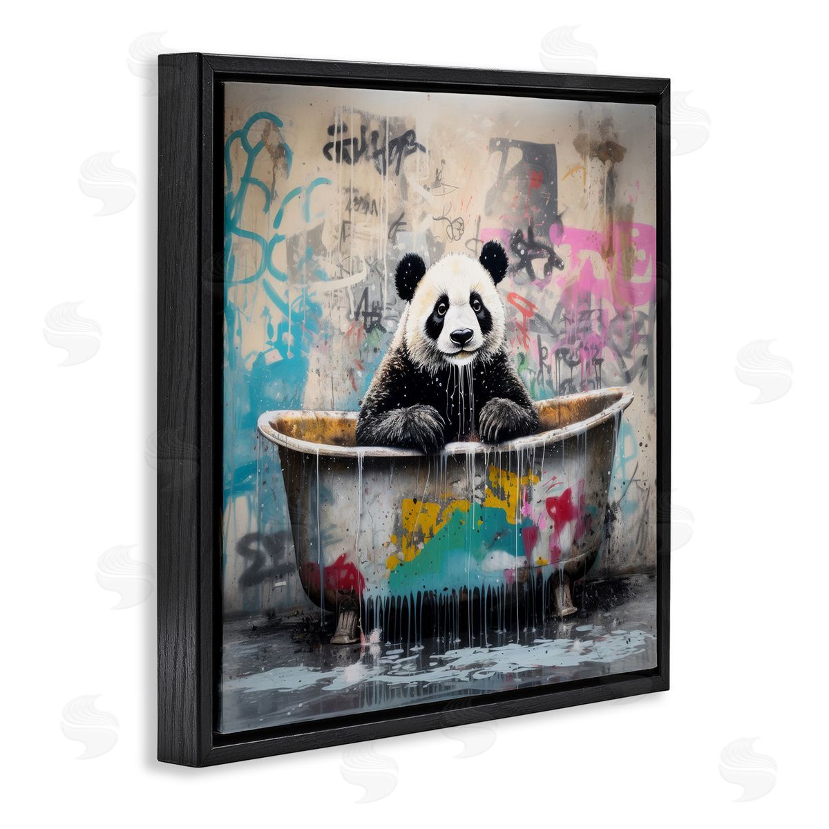 Graffiti Bathing Panda Black Floating Frame Canvas Wall Art, Home Decor by Lazar Studio