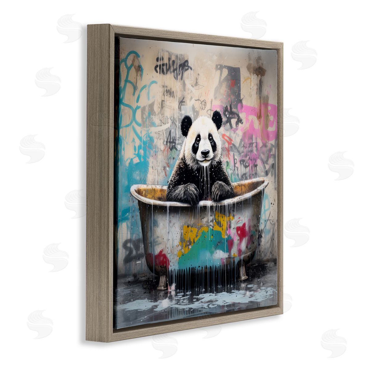 Graffiti Bathing Panda Brown Floating Frame Canvas Wall Art, Home Decor by Lazar Studio