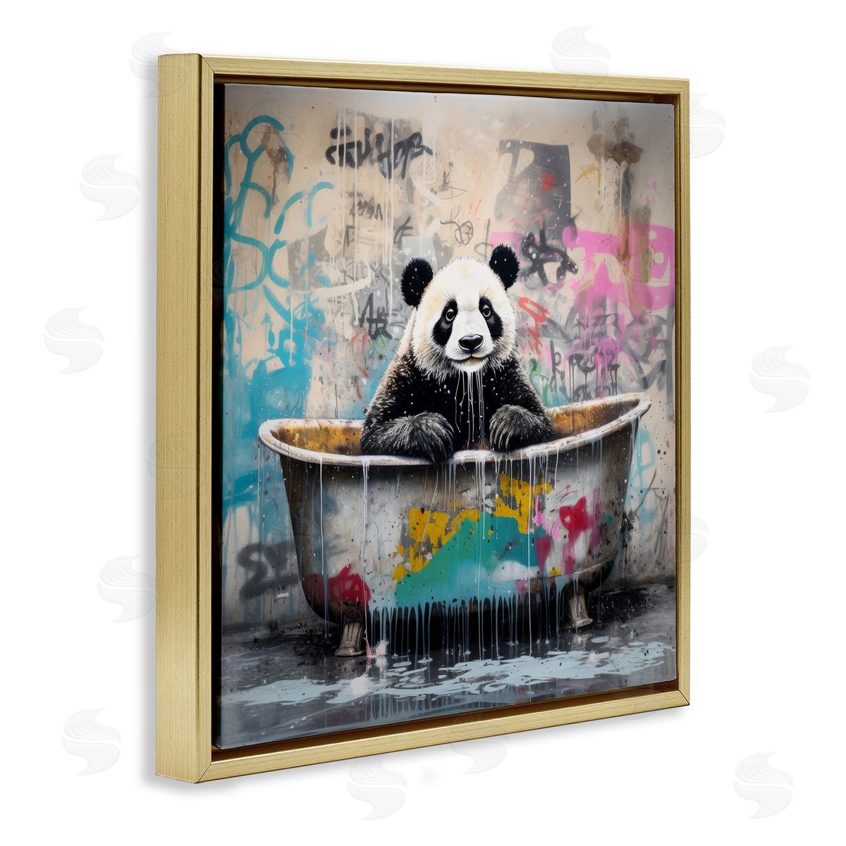 Graffiti Bathing Panda Gold Floating Frame Canvas Wall Art, Home Decor by Lazar Studio