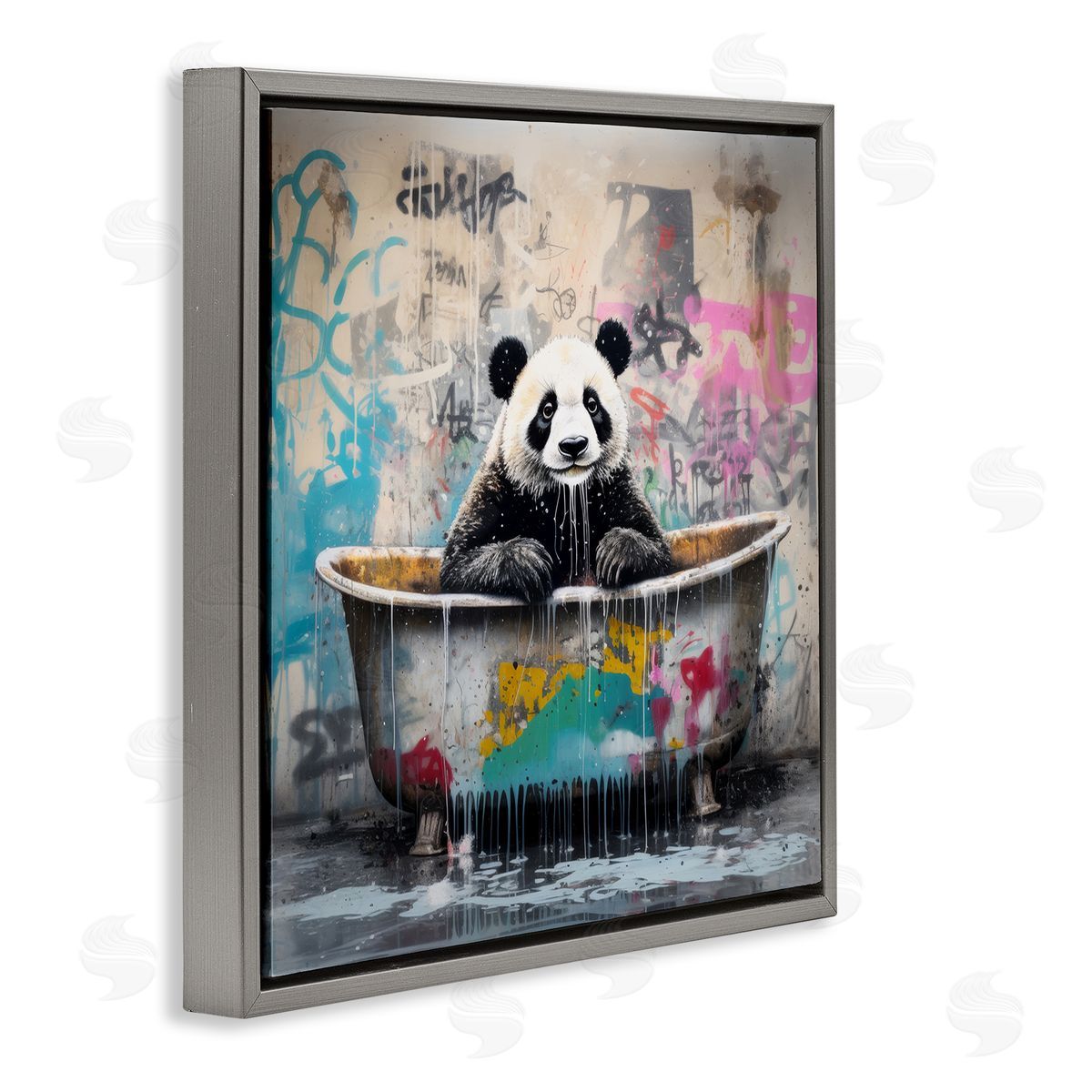 Graffiti Bathing Panda Grey Floating Frame Canvas Wall Art, Home Decor by Lazar Studio