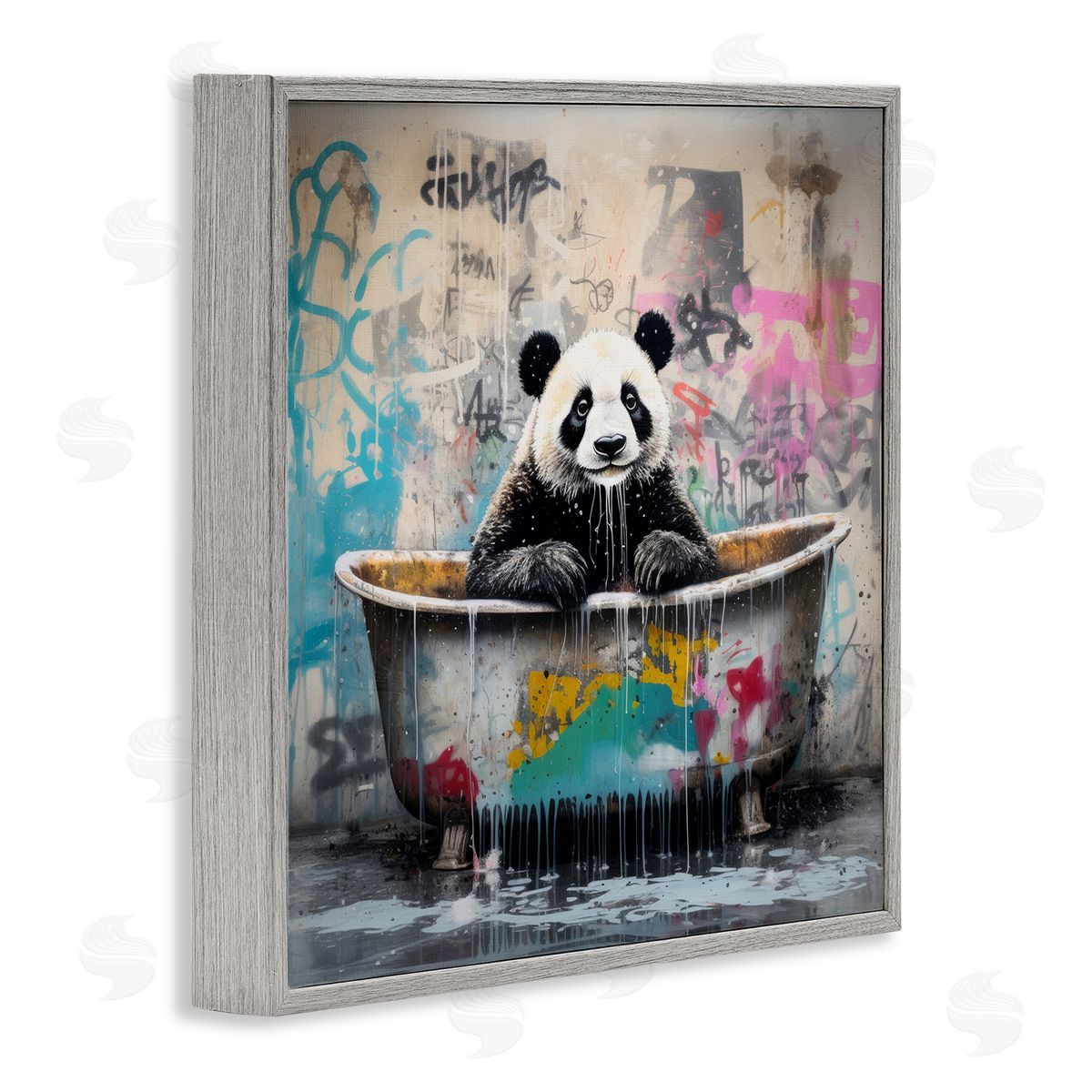 Graffiti Bathing Panda Grey Frame Print Wall Art, Home Decor by Lazar Studio