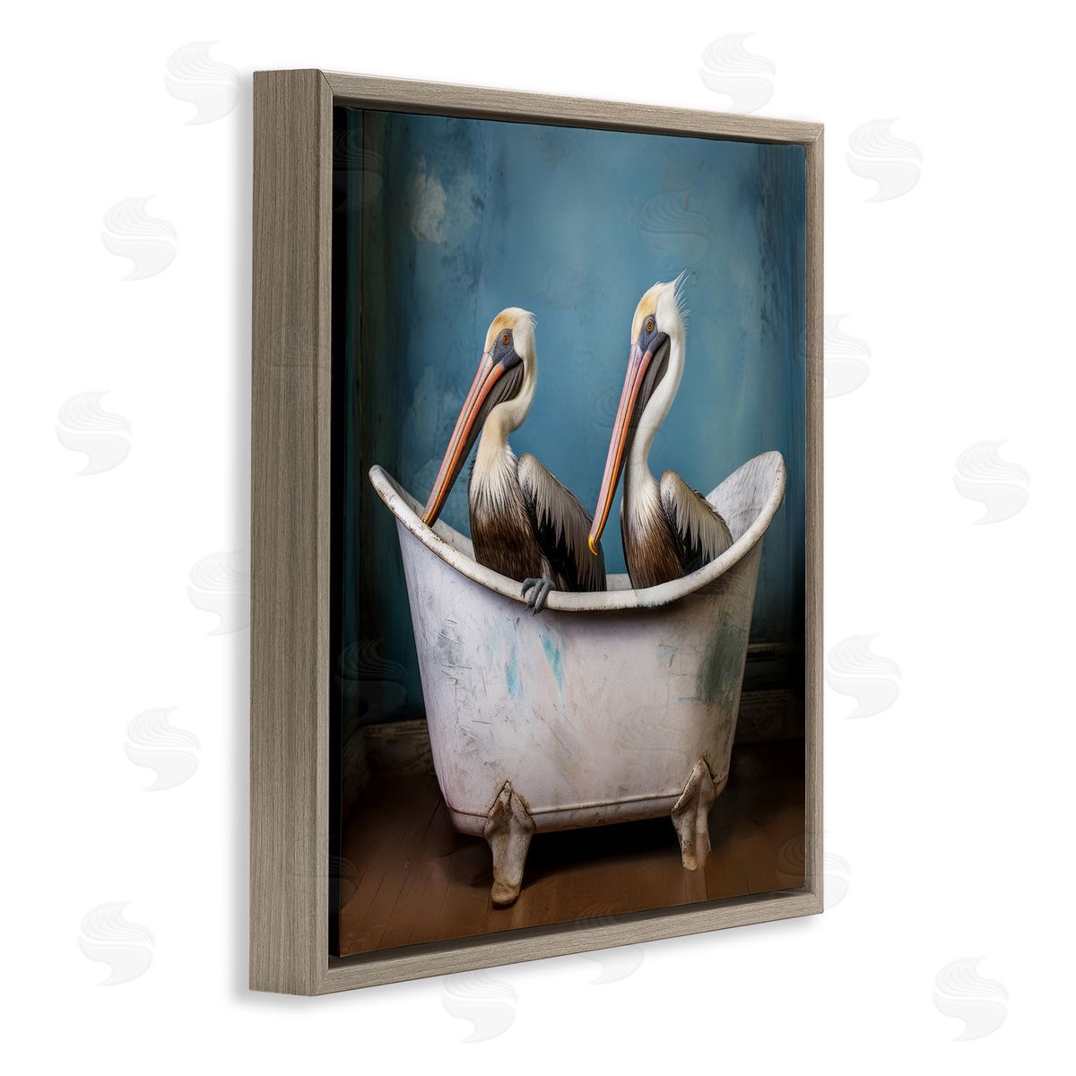 Pelican Bath Time Brown Floating Frame Canvas Wall Art, Home Decor by Lazar Studio