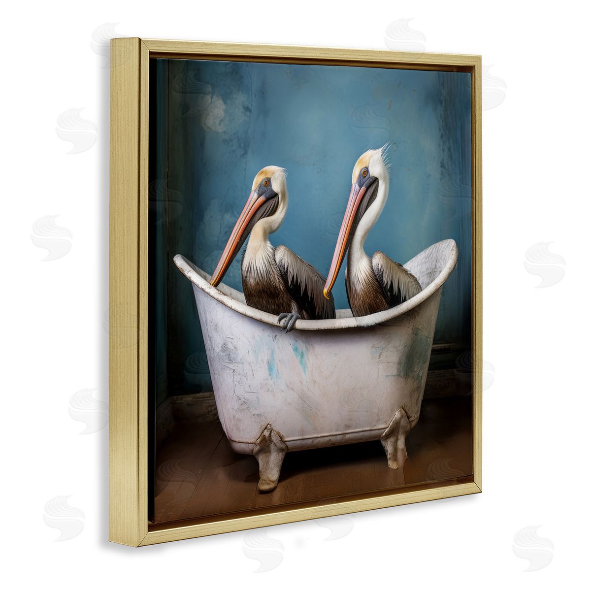 Pelican Bath Time Gold Floating Frame Canvas Wall Art, Home Decor by Lazar Studio