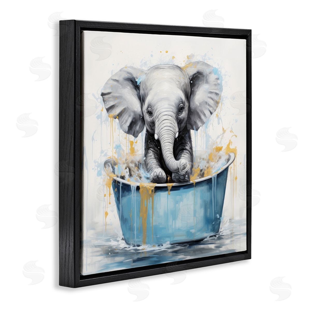 Bathing Baby Elephant Black Floating Frame Canvas Wall Art, Home Decor by Lazar Studio