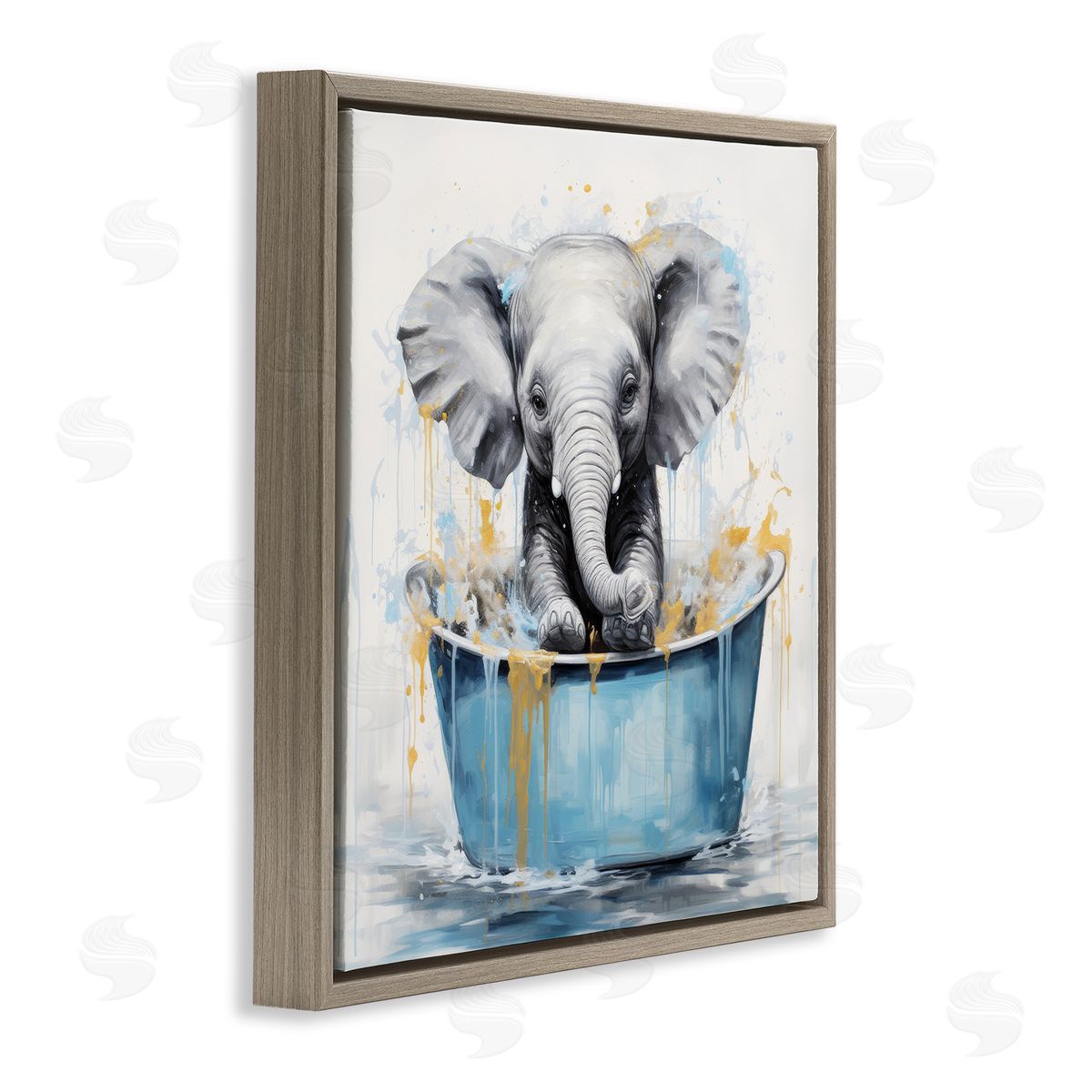 Bathing Baby Elephant Brown Floating Frame Canvas Wall Art, Home Decor by Lazar Studio