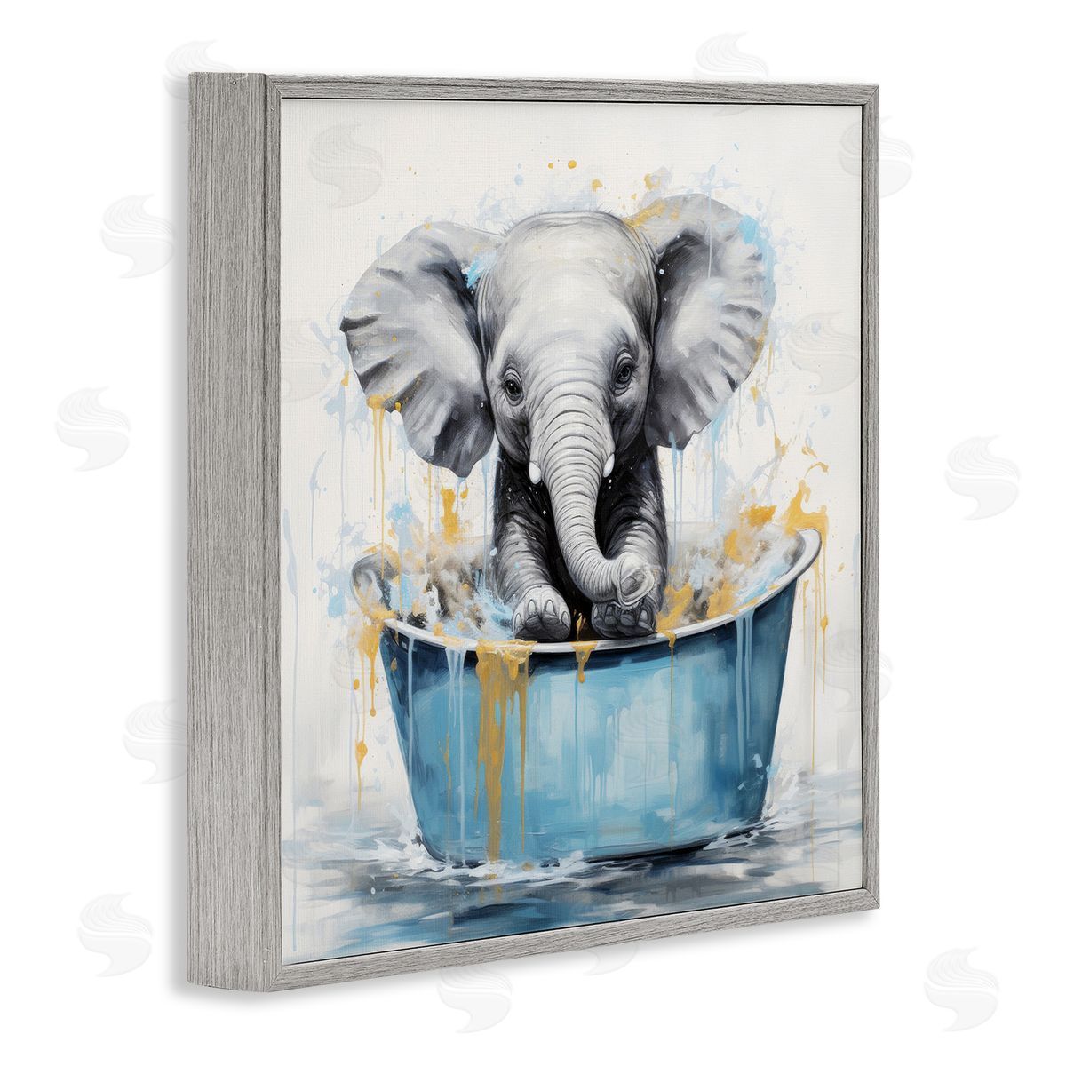 Bathing Baby Elephant Grey Frame Print Wall Art, Home Decor by Lazar Studio