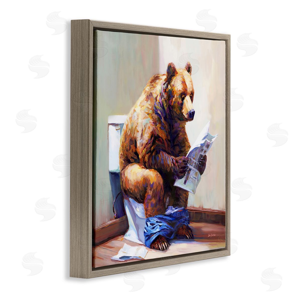 Bathtub Bear with Graffiti Brown Floating Frame Canvas Wall Art, Home Decor by Leon Devenice