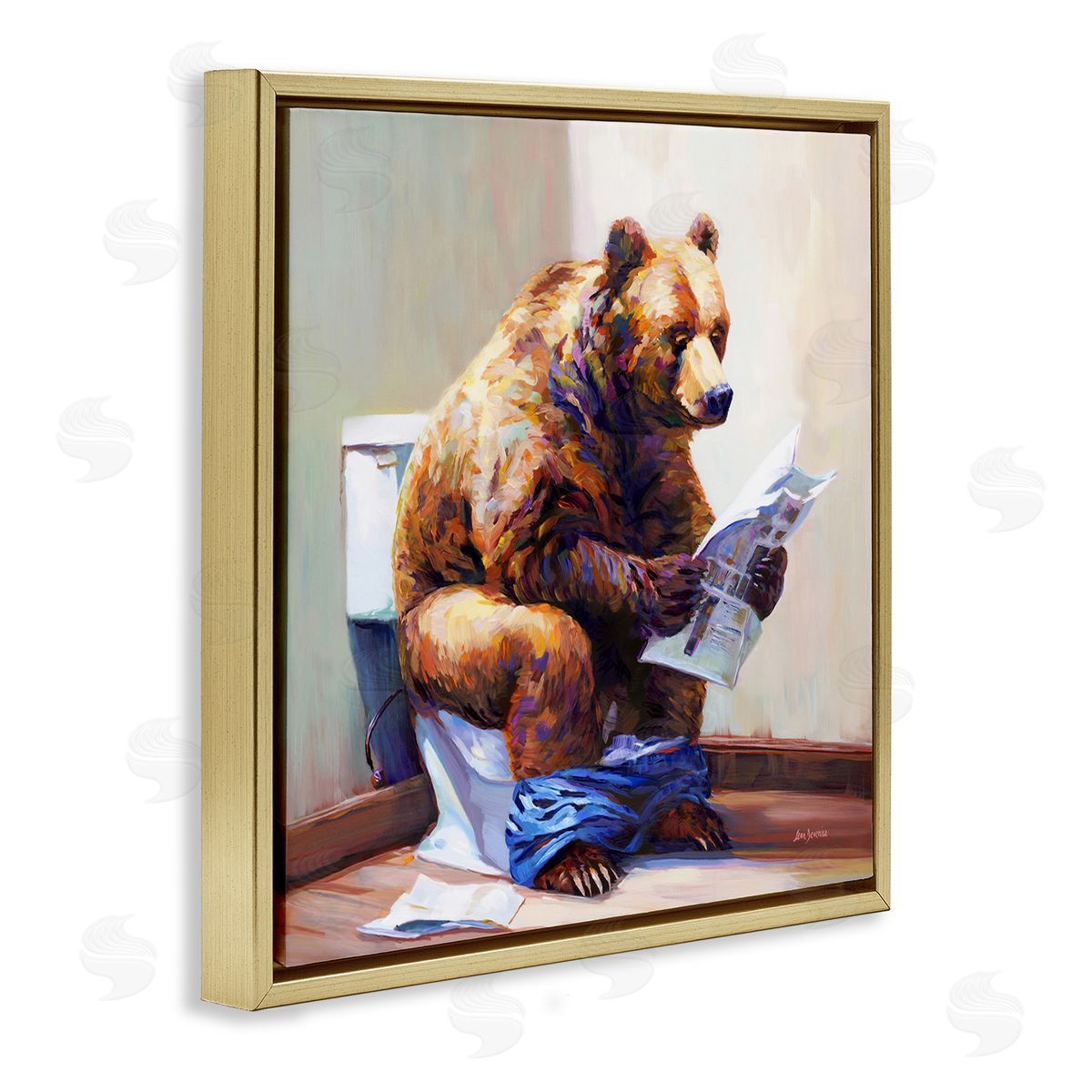 Bathtub Bear with Graffiti Gold Floating Frame Canvas Wall Art, Home Decor by Leon Devenice