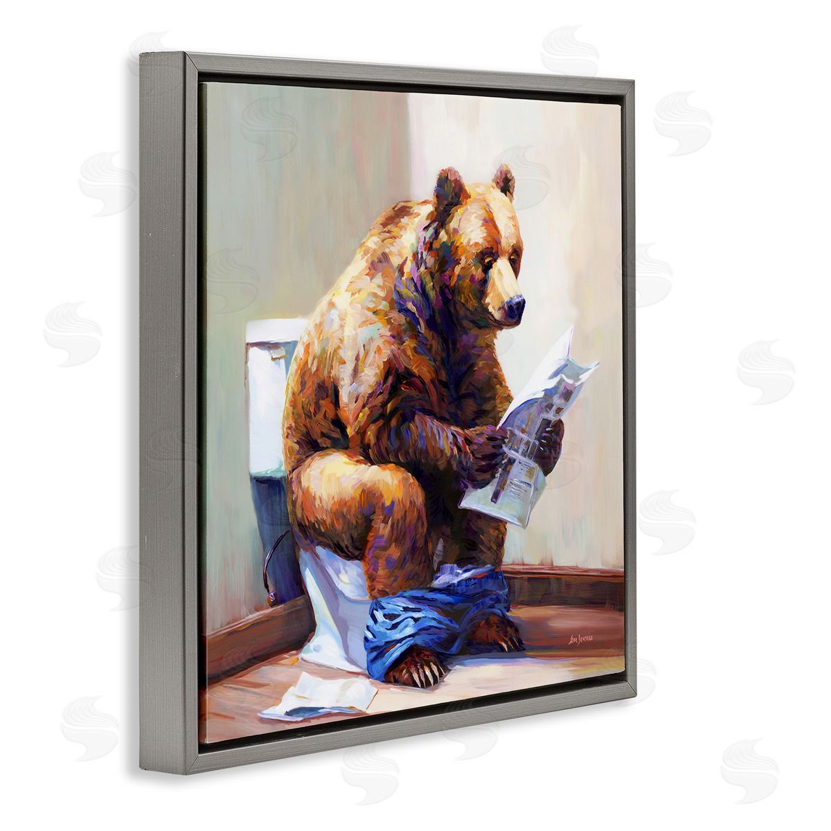 Bathtub Bear with Graffiti Grey Floating Frame Canvas Wall Art, Home Decor by Leon Devenice