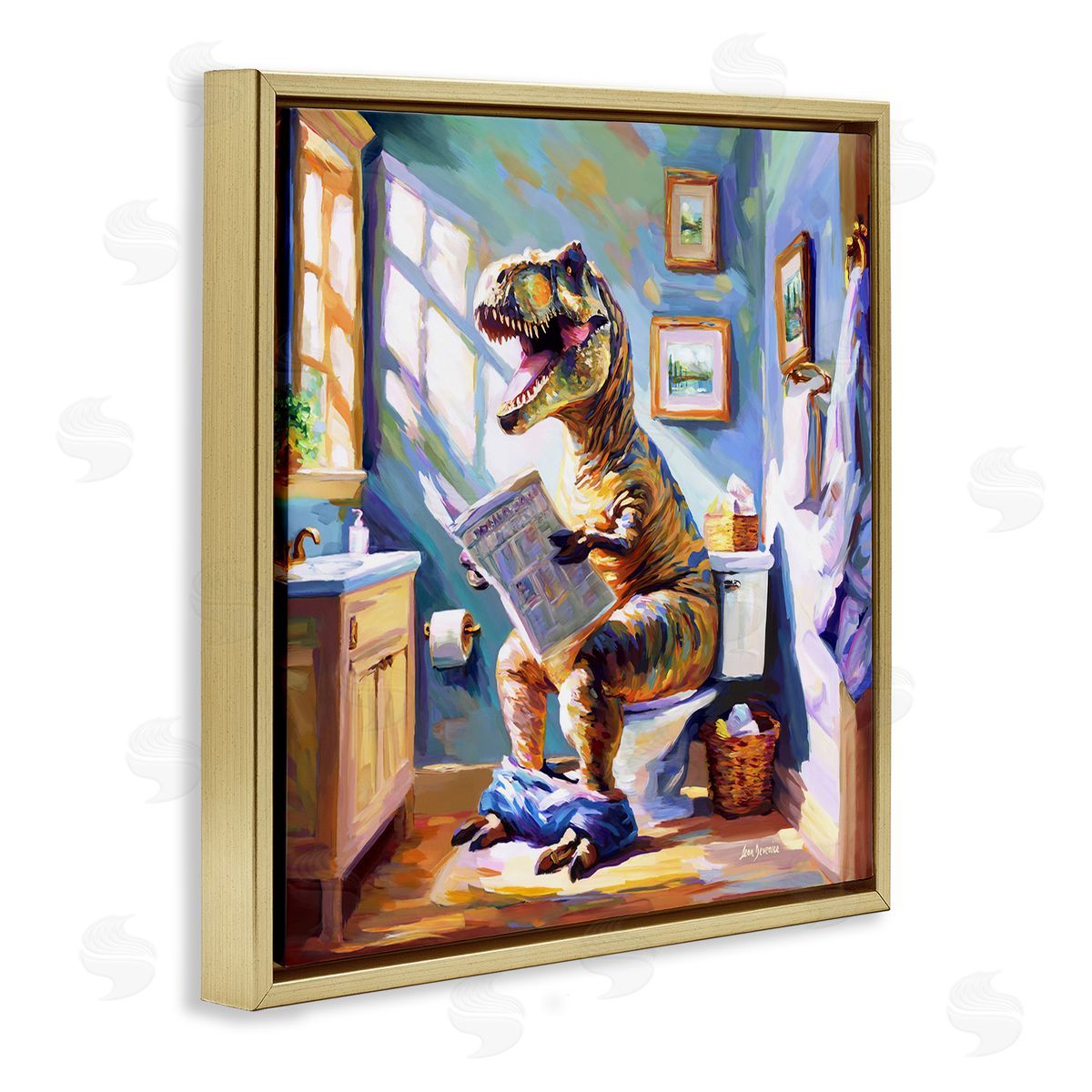 Urban Bathing Bear Gold Floating Frame Canvas Wall Art, Home Decor by Leon Devenice