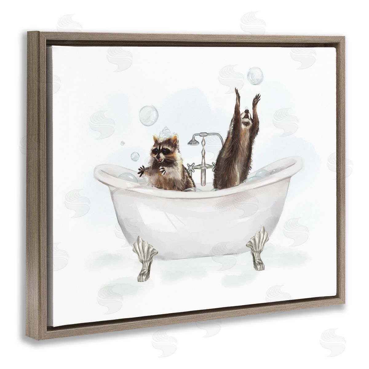 Raccoons Catching Bubbles Brown Floating Frame Canvas Wall Art, Home Decor by Ziwei Li