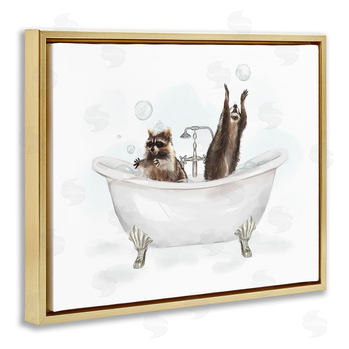 Raccoons Catching Bubbles Gold Floating Frame Canvas Wall Art, Home Decor by Ziwei Li