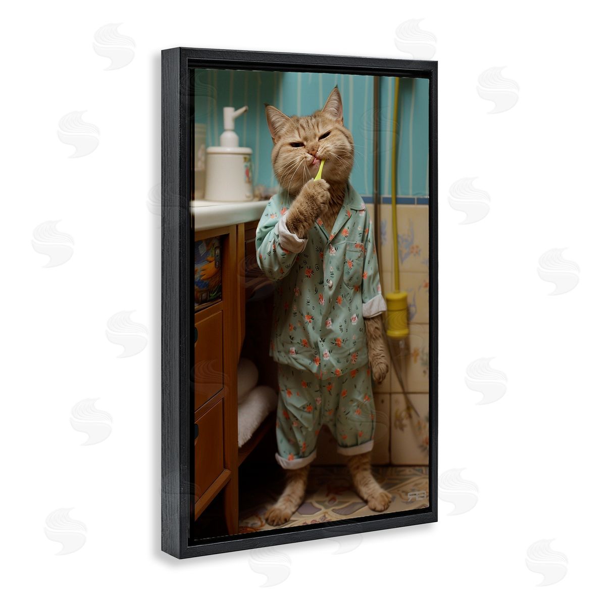 Cat Brushing Teeth Black Floating Frame Canvas Wall Art, Home Decor by Roozbeh Bahramali