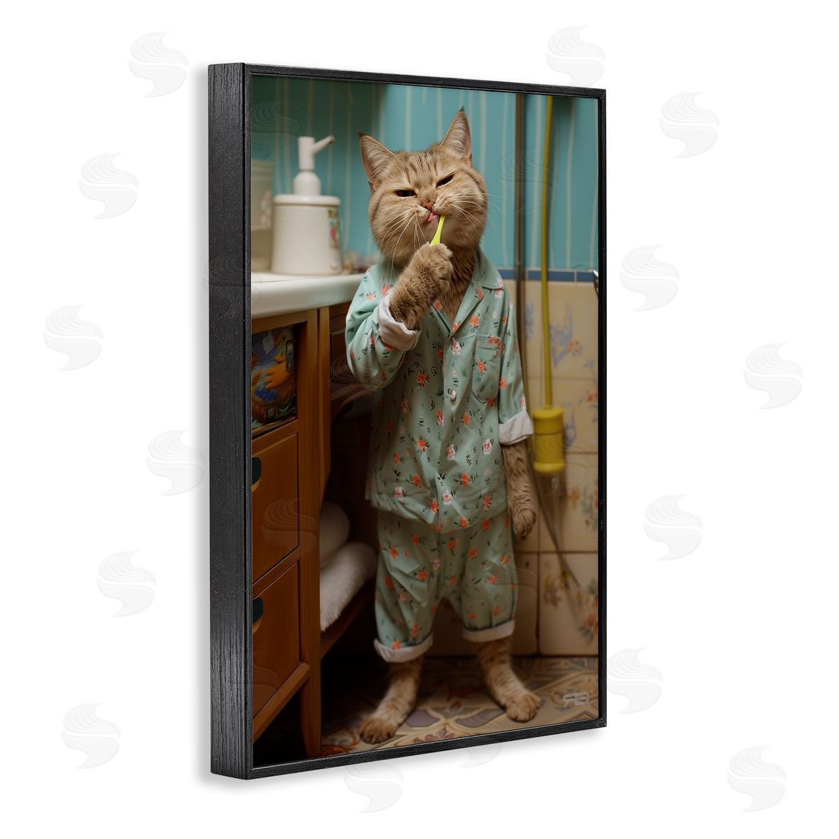 Cat Brushing Teeth Black Frame Print Wall Art, Home Decor by Roozbeh Bahramali