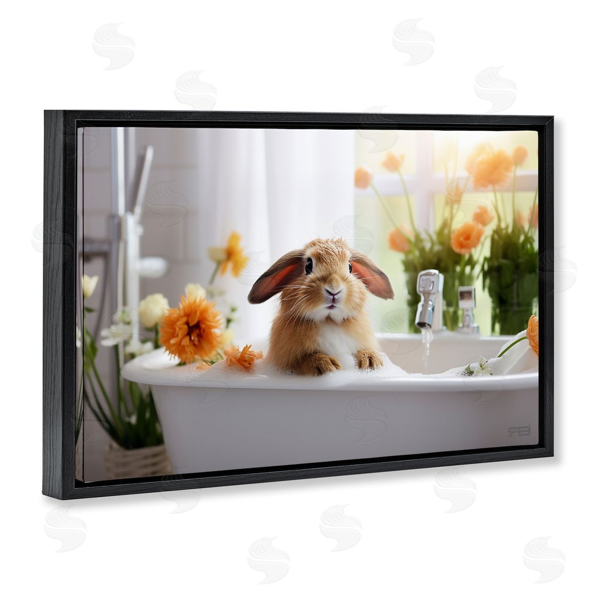 Bathing Baby Bunny Black Floating Frame Canvas Wall Art, Home Decor by Roozbeh Bahramali