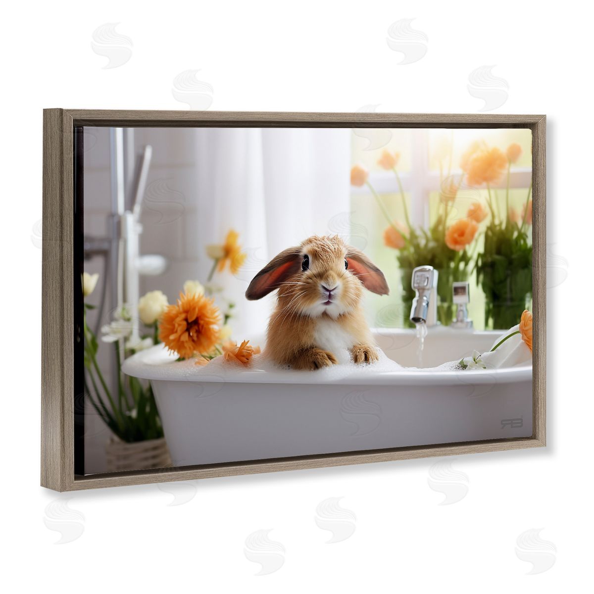 Bathing Baby Bunny Brown Floating Frame Canvas Wall Art, Home Decor by Roozbeh Bahramali