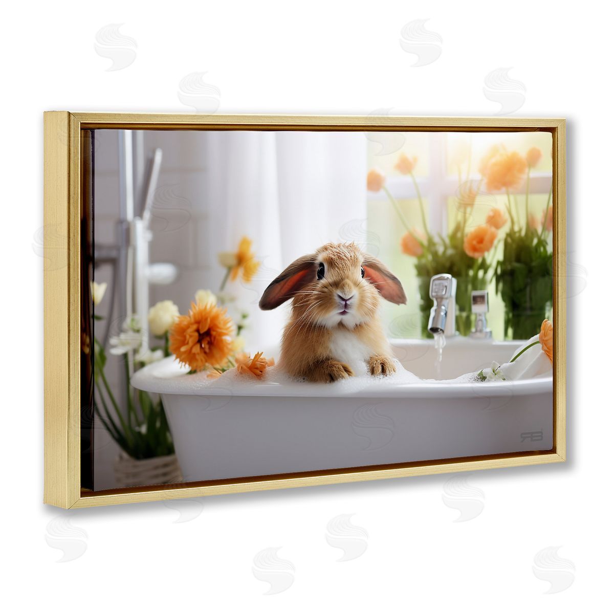 Bathing Baby Bunny Gold Floating Frame Canvas Wall Art, Home Decor by Roozbeh Bahramali