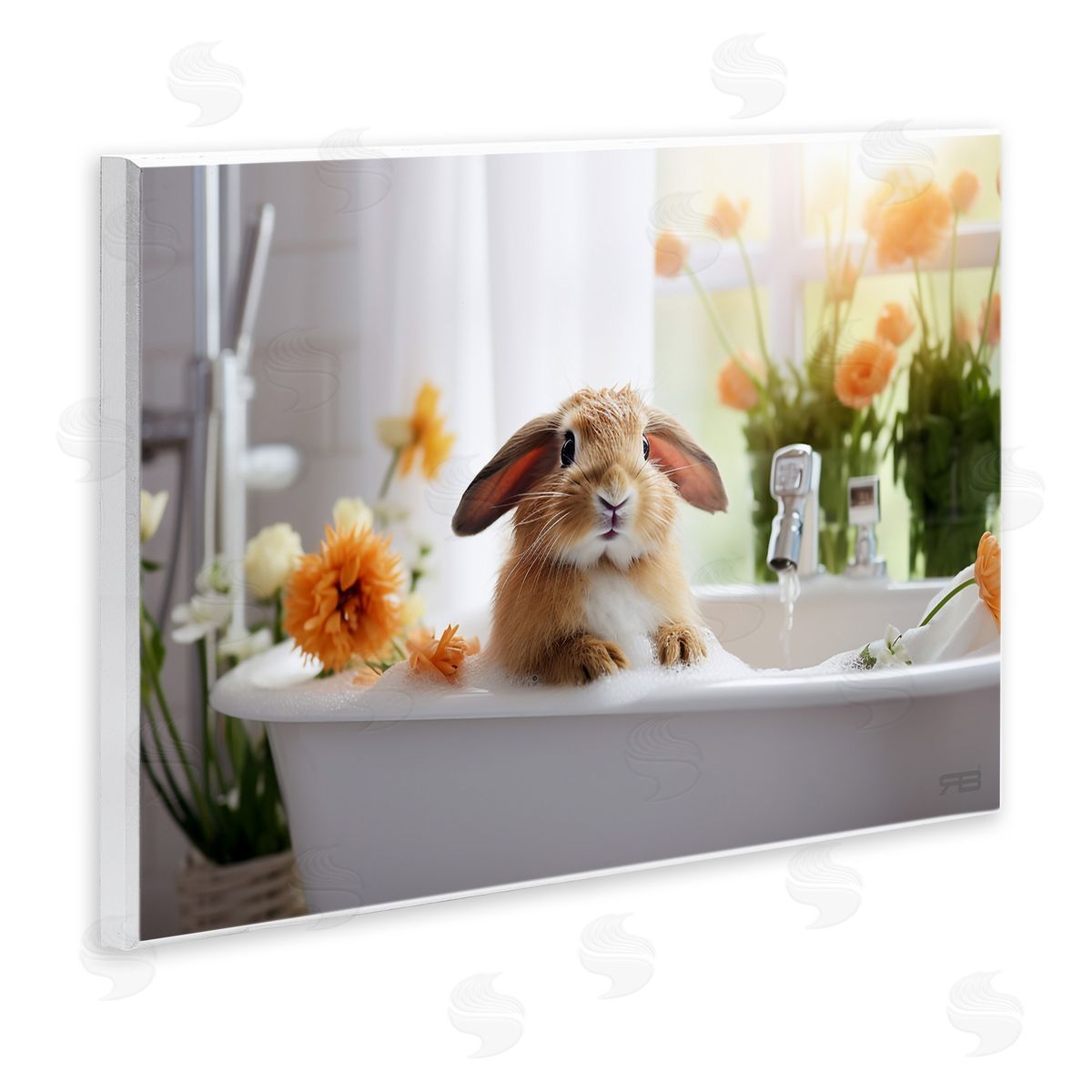 Bathing Baby Bunny Wood Plaque Wall Art, Home Decor by Roozbeh Bahramali