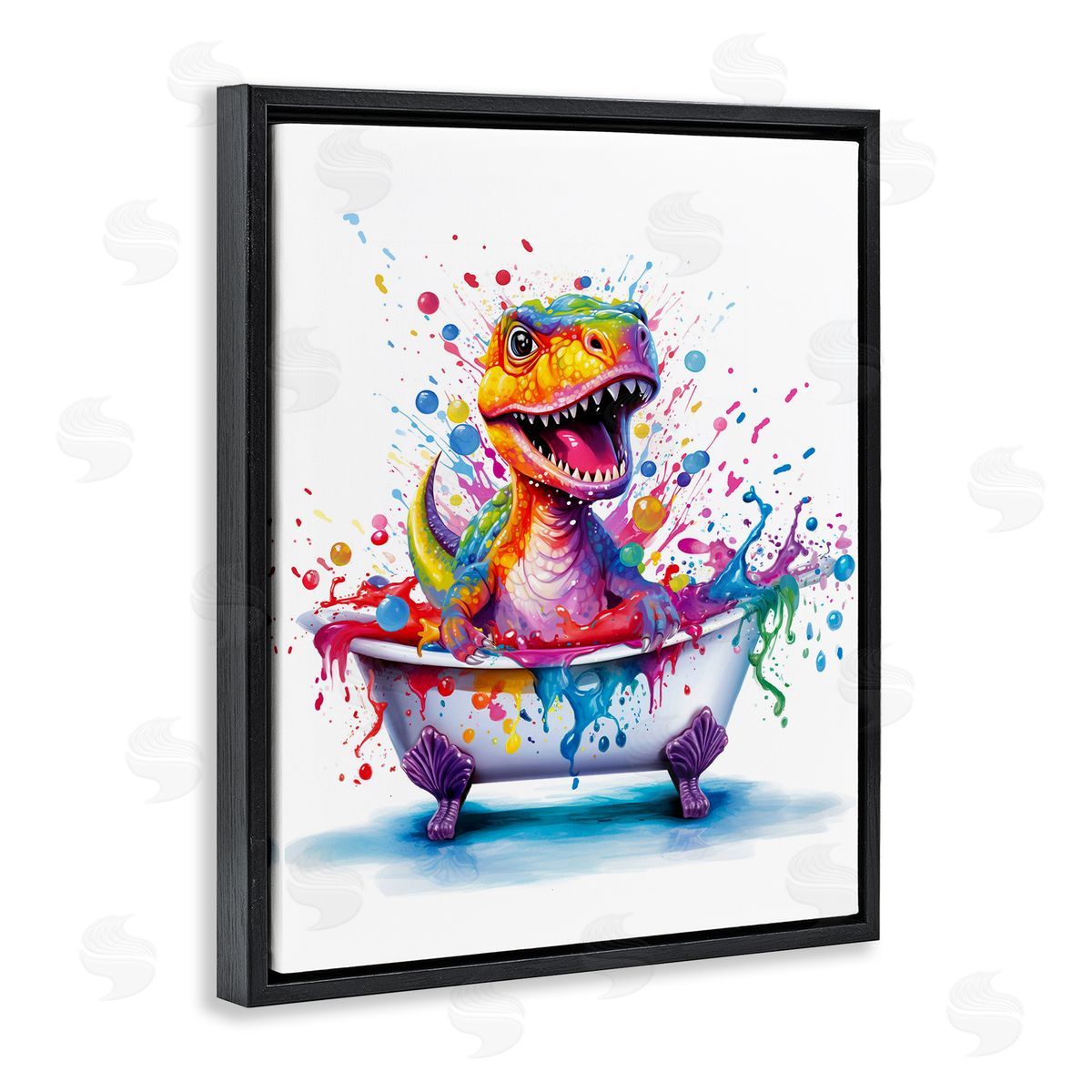 Modern Splatter Dino Black Floating Frame Canvas Wall Art, Home Decor by Mary Cunningham