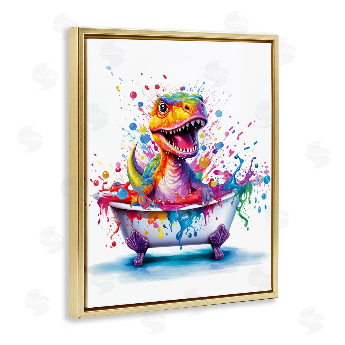 Modern Splatter Dino Gold Floating Frame Canvas Wall Art, Home Decor by Mary Cunningham