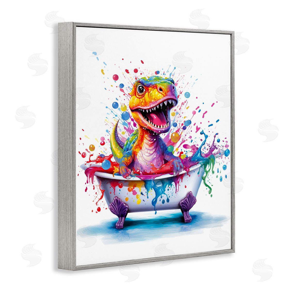 Modern Splatter Dino Grey Frame Print Wall Art, Home Decor by Mary Cunningham