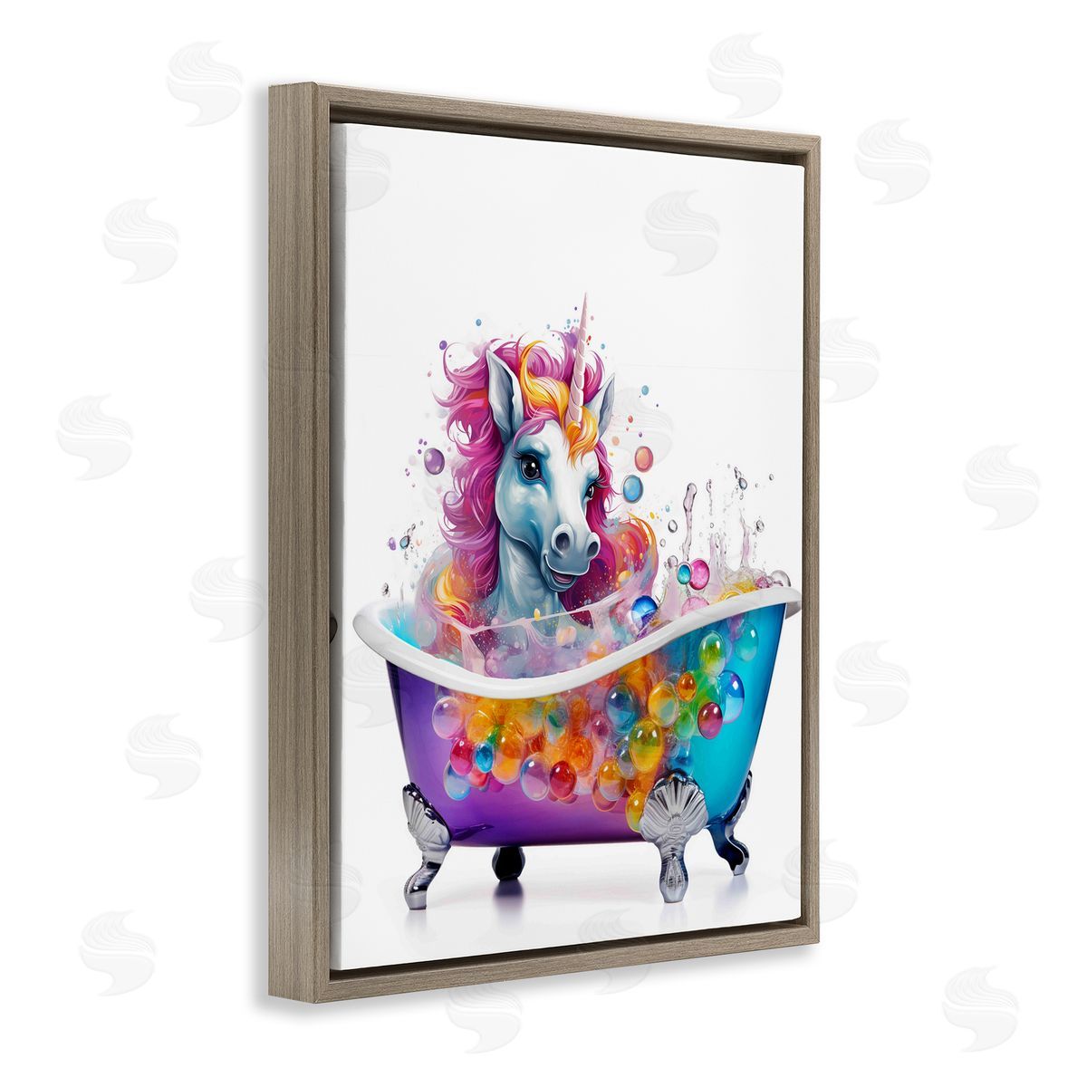 Rainbow Bubbles Unicorn Brown Floating Frame Canvas Wall Art, Home Decor by Mary Cunningham