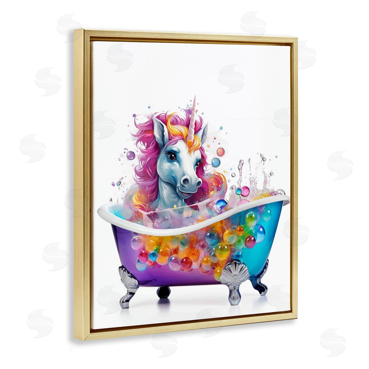 Rainbow Bubbles Unicorn Gold Floating Frame Canvas Wall Art, Home Decor by Mary Cunningham