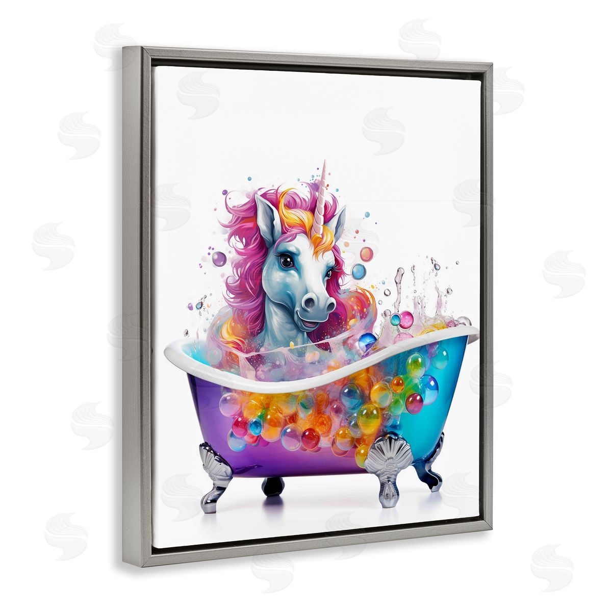 Rainbow Bubbles Unicorn Grey Floating Frame Canvas Wall Art, Home Decor by Mary Cunningham