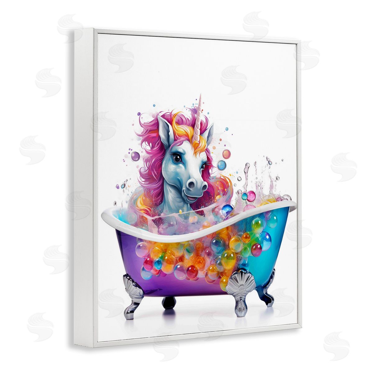 Rainbow Bubbles Unicorn White Frame Print Wall Art, Home Decor by Mary Cunningham