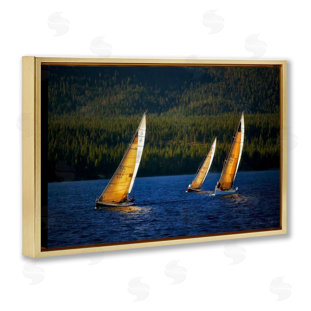Floating Sailboat Trio Gold Floating Frame Canvas Wall Art, Home Decor by Dennis Frates