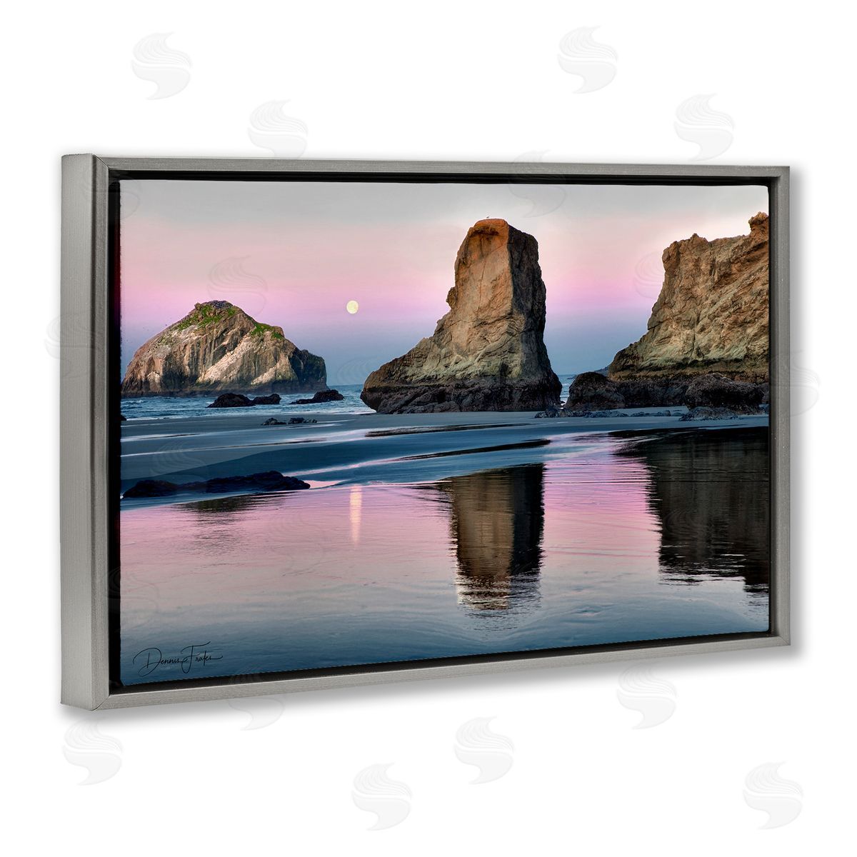 Moonlit Beach Cliffs Grey Floating Frame Canvas Wall Art, Home Decor by Dennis Frates
