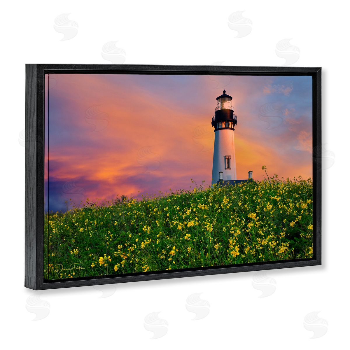 Lighthouse and Floral Meadow Black Floating Frame Canvas Wall Art, Home Decor by Dennis Frates