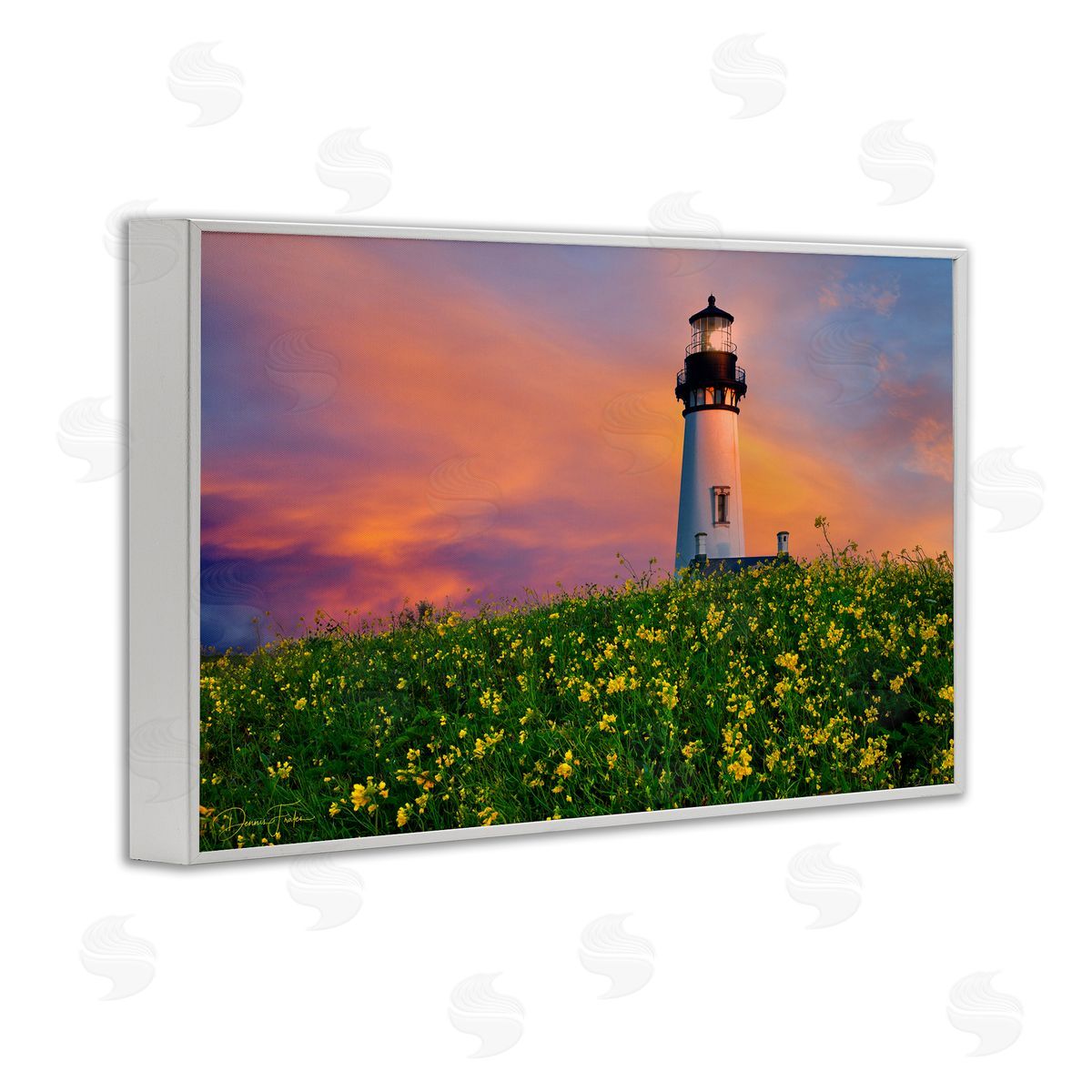Lighthouse and Floral Meadow White Frame Print Wall Art, Home Decor by Dennis Frates