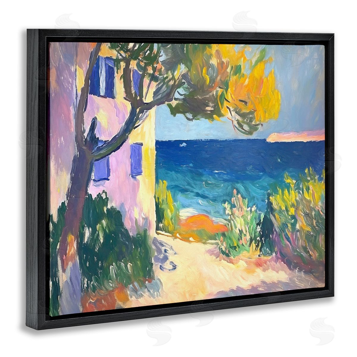 House On Coastline Black Floating Frame Canvas Wall Art, Home Decor by Ramona Murdock