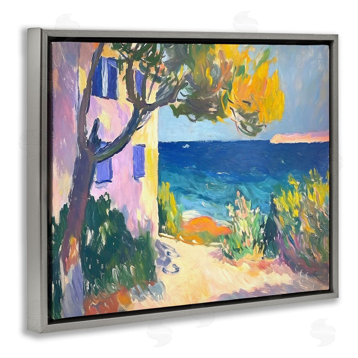 House On Coastline Grey Floating Frame Canvas Wall Art, Home Decor by Ramona Murdock
