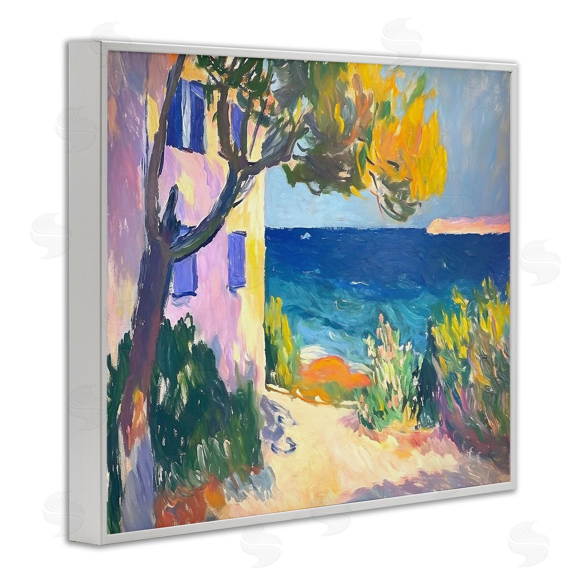 House On Coastline White Frame Print Wall Art, Home Decor by Ramona Murdock