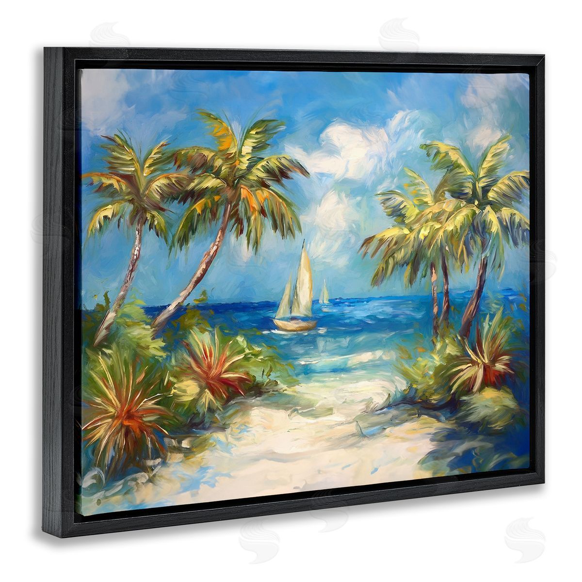 Tropical Paradise Harbor Black Floating Frame Canvas Wall Art, Home Decor by Ramona Murdock