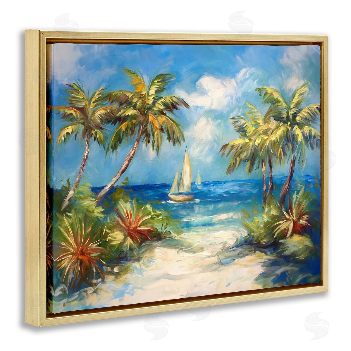 Tropical Paradise Harbor Gold Floating Frame Canvas Wall Art, Home Decor by Ramona Murdock