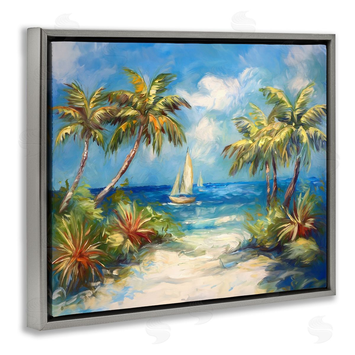 Tropical Paradise Harbor Grey Floating Frame Canvas Wall Art, Home Decor by Ramona Murdock