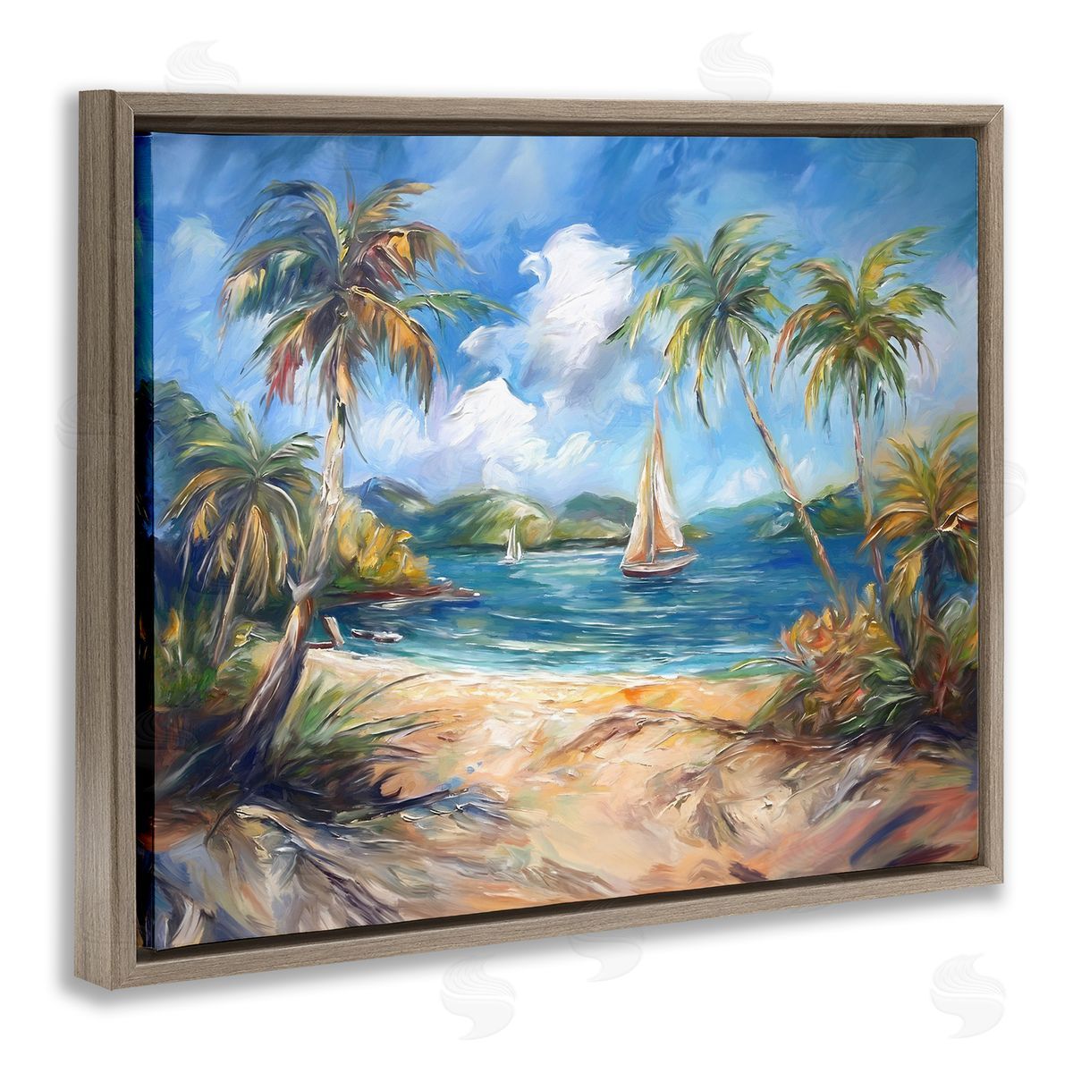 Paradise Beach Harbor Brown Floating Frame Canvas Wall Art, Home Decor by Ramona Murdock