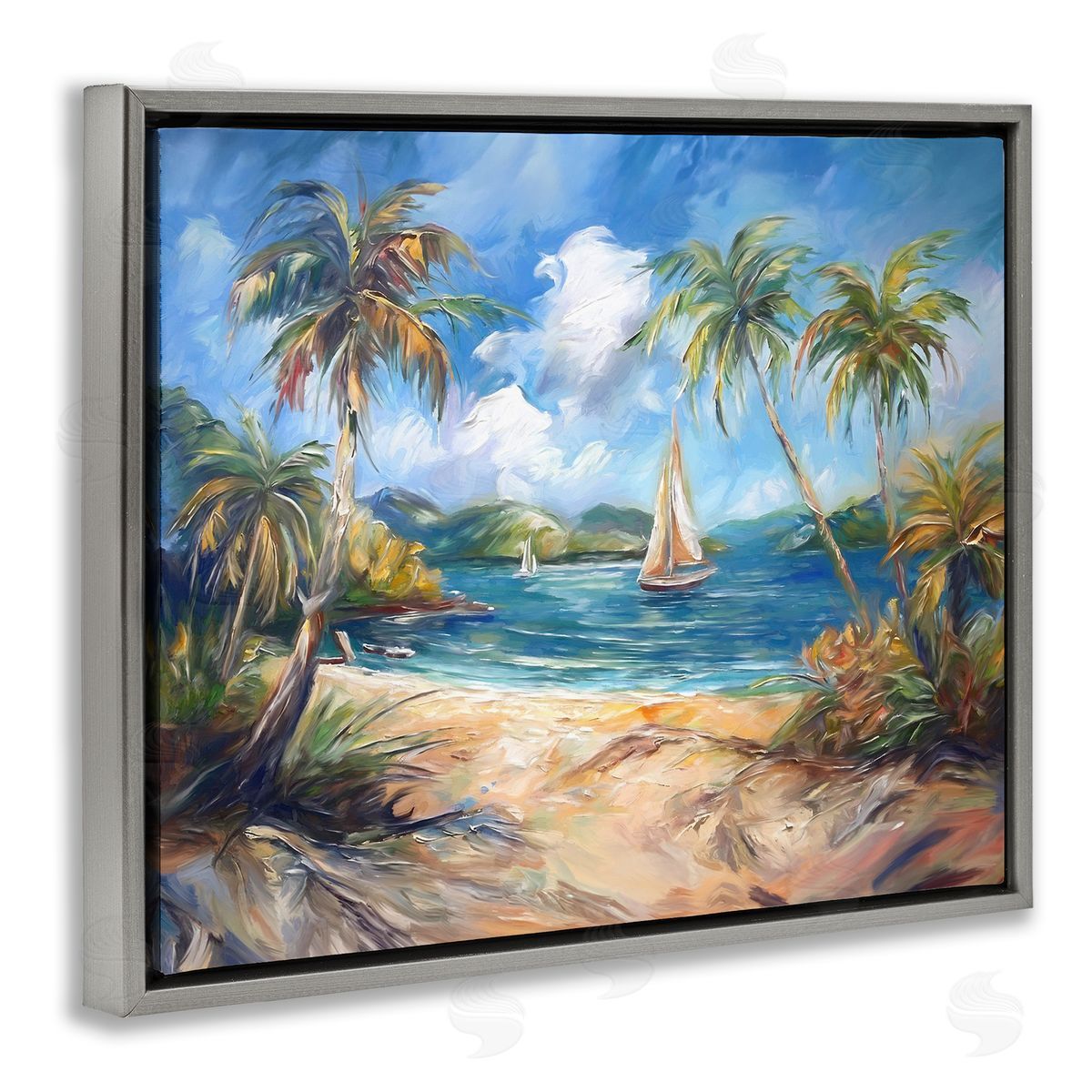 Paradise Beach Harbor Grey Floating Frame Canvas Wall Art, Home Decor by Ramona Murdock