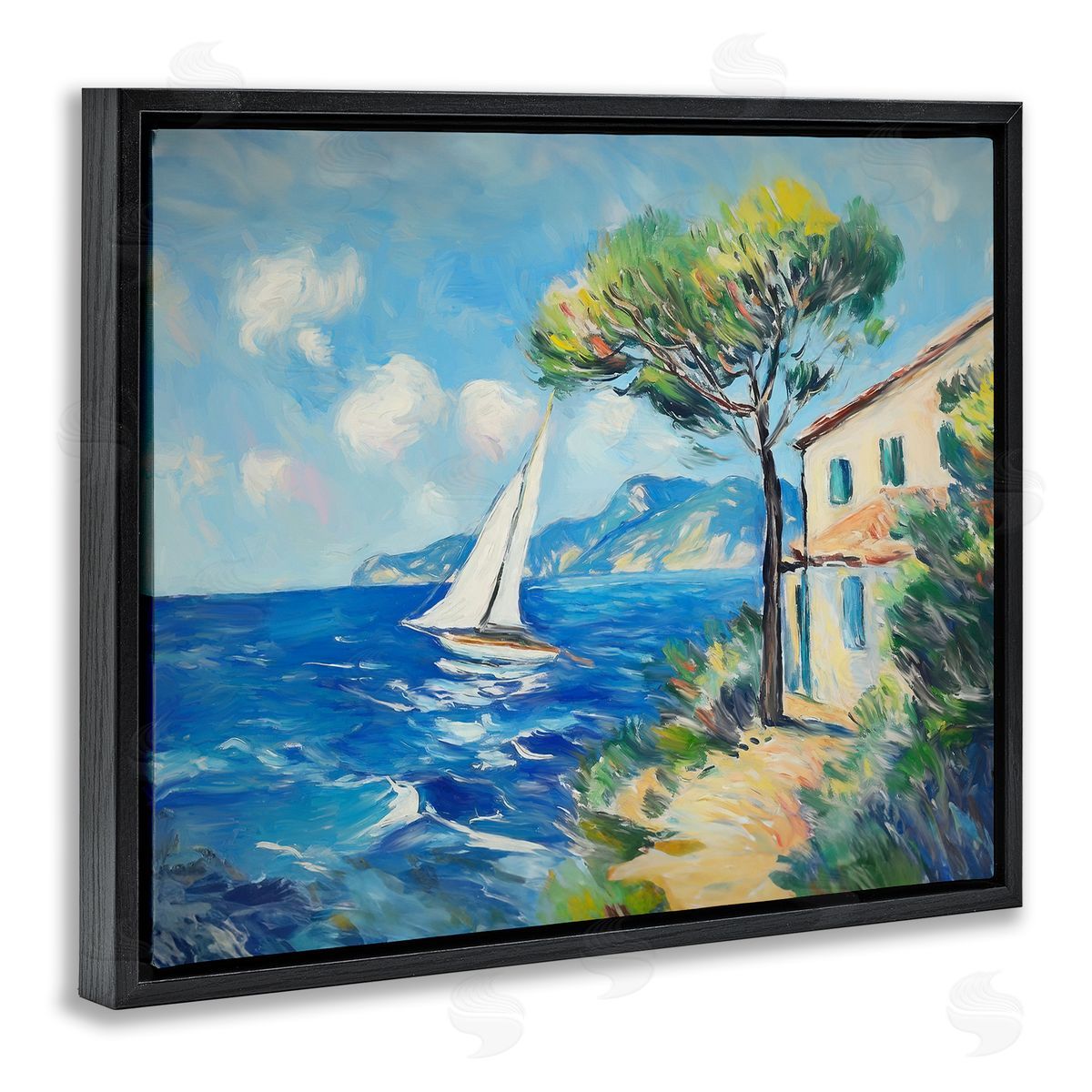 Sailboat and Beach Villa Black Floating Frame Canvas Wall Art, Home Decor by Ramona Murdock