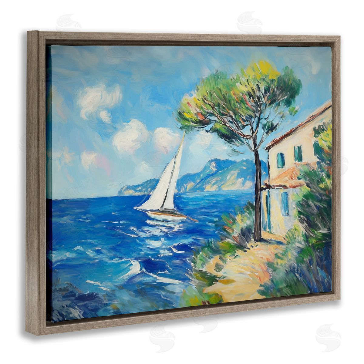 Sailboat and Beach Villa Brown Floating Frame Canvas Wall Art, Home Decor by Ramona Murdock