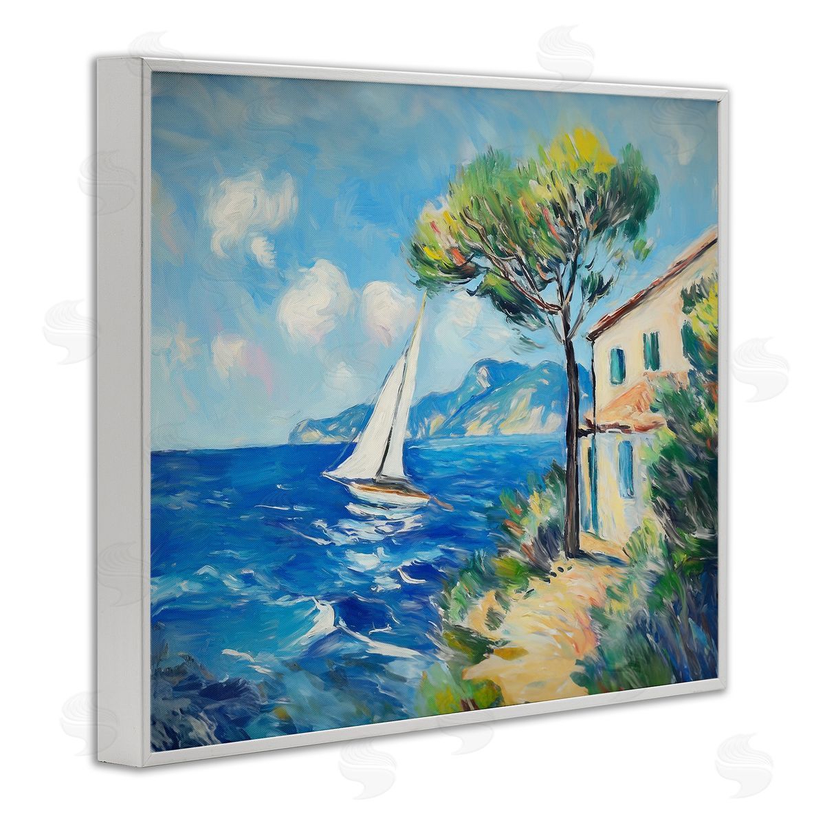 Sailboat and Beach Villa White Frame Print Wall Art, Home Decor by Ramona Murdock