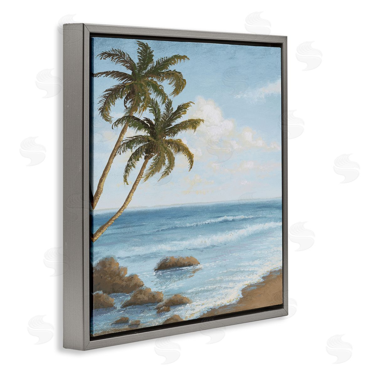 Palm Trees Looming Beach Grey Floating Frame Canvas Wall Art, Home Decor by Michael Marcon