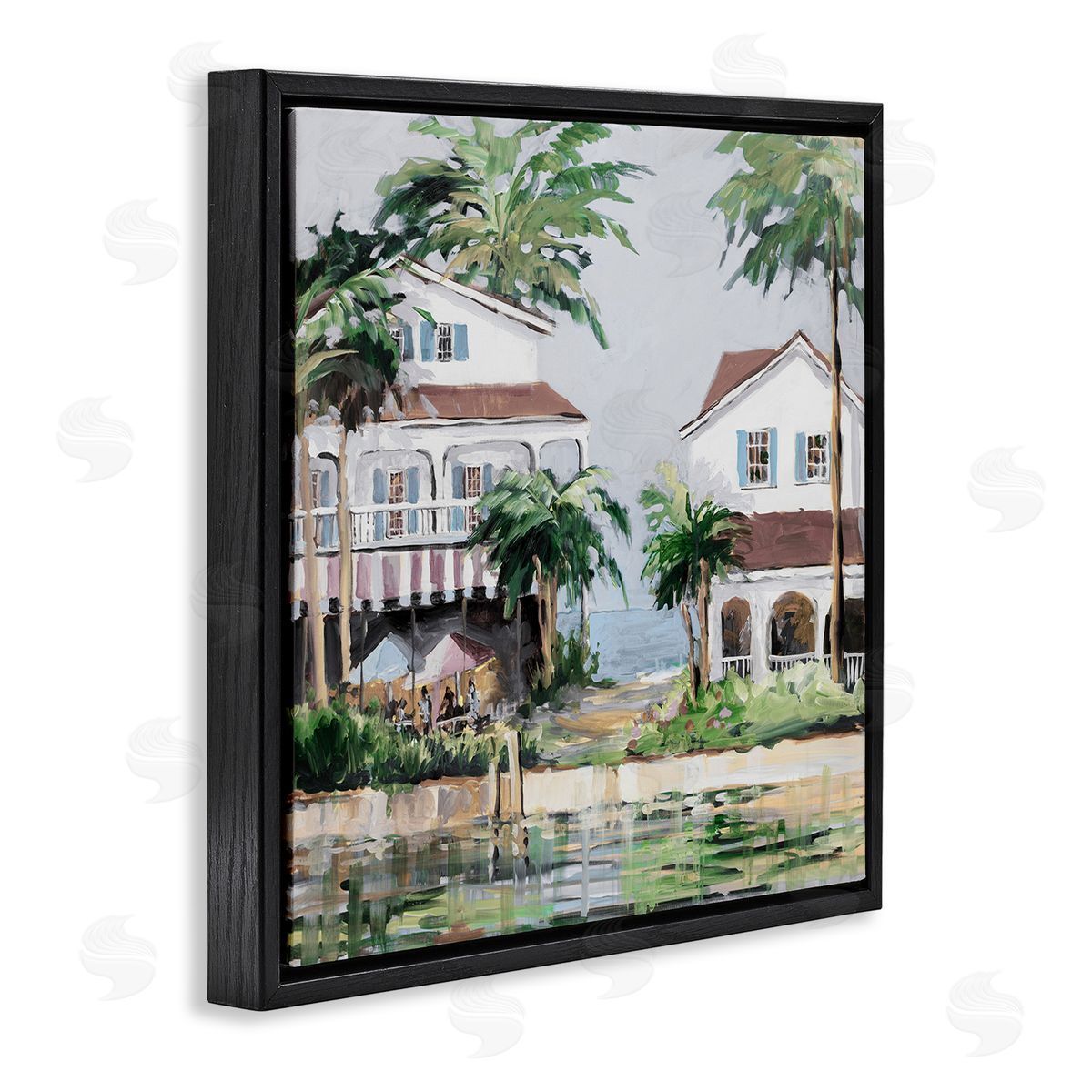 Coastal Bay Cottages Black Floating Frame Canvas Wall Art, Home Decor by Jane Slivka
