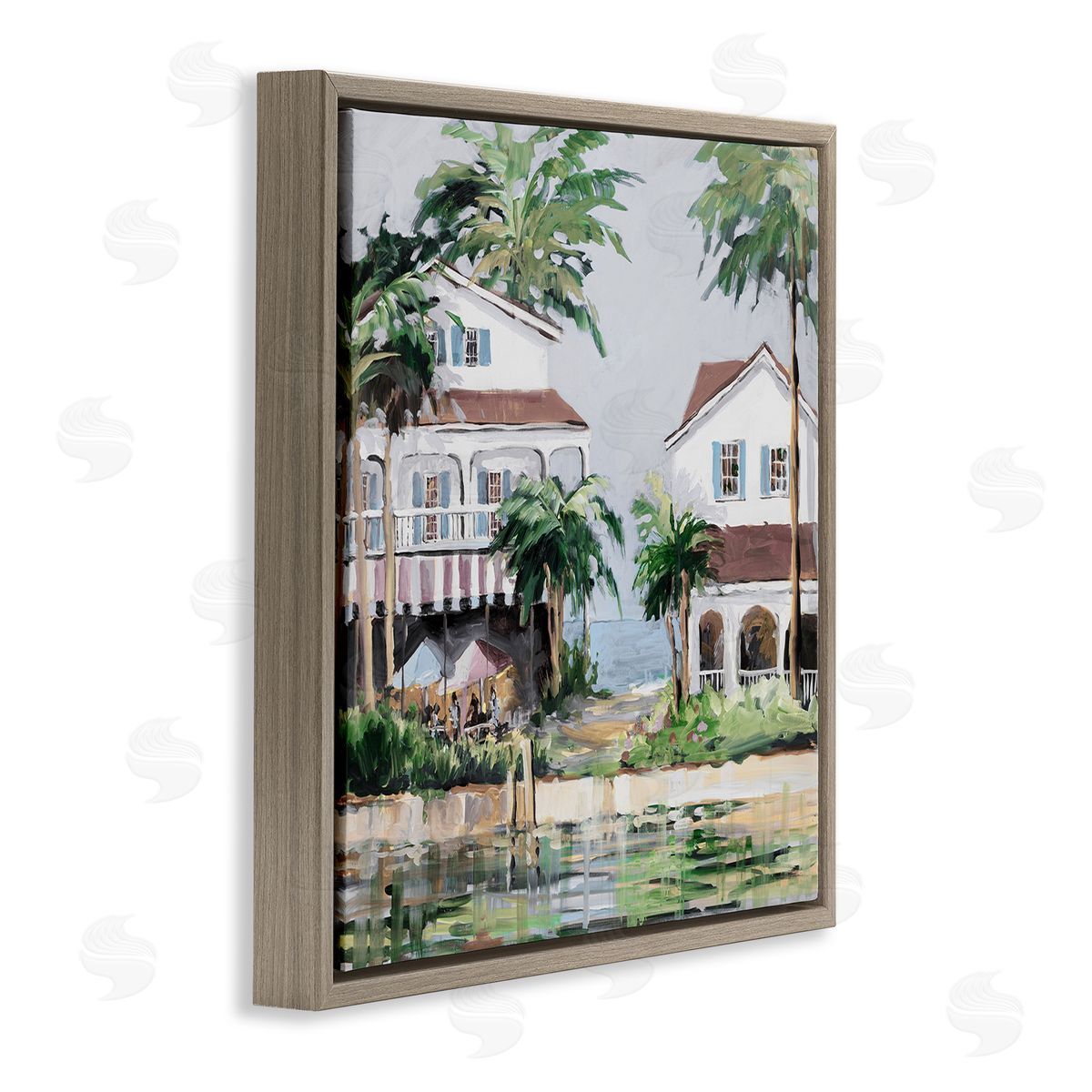 Coastal Bay Cottages Brown Floating Frame Canvas Wall Art, Home Decor by Jane Slivka