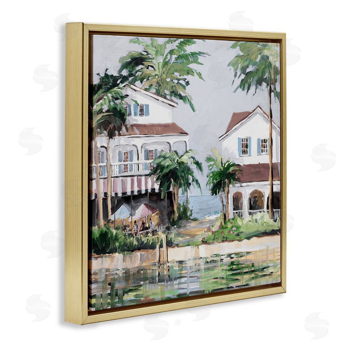Coastal Bay Cottages Gold Floating Frame Canvas Wall Art, Home Decor by Jane Slivka